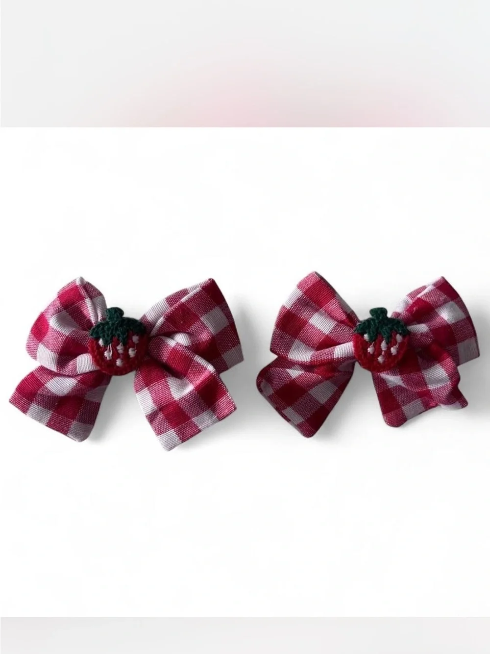 Red Gingham Strawberry Bow Hair Clips Set